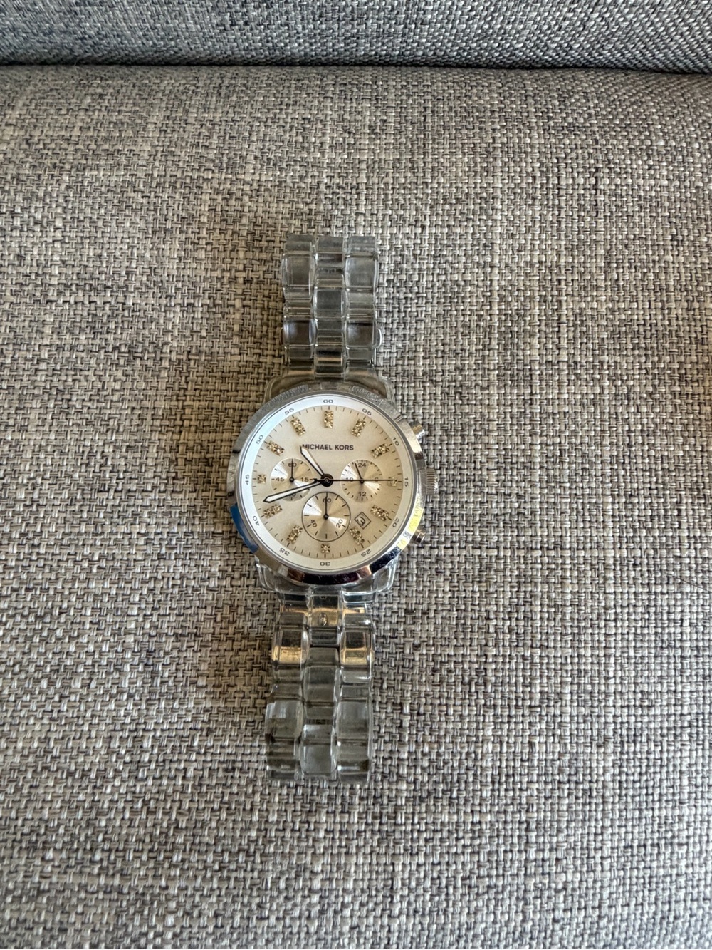 Michael Kors Silver-Tone Case with Clear Acrylic Bracelet Watch